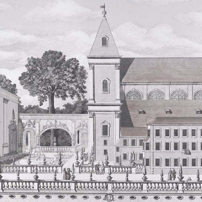 Grayscale architectural illustration of a historic church complex, tall central tower, arched windows, balustraded courtyard.