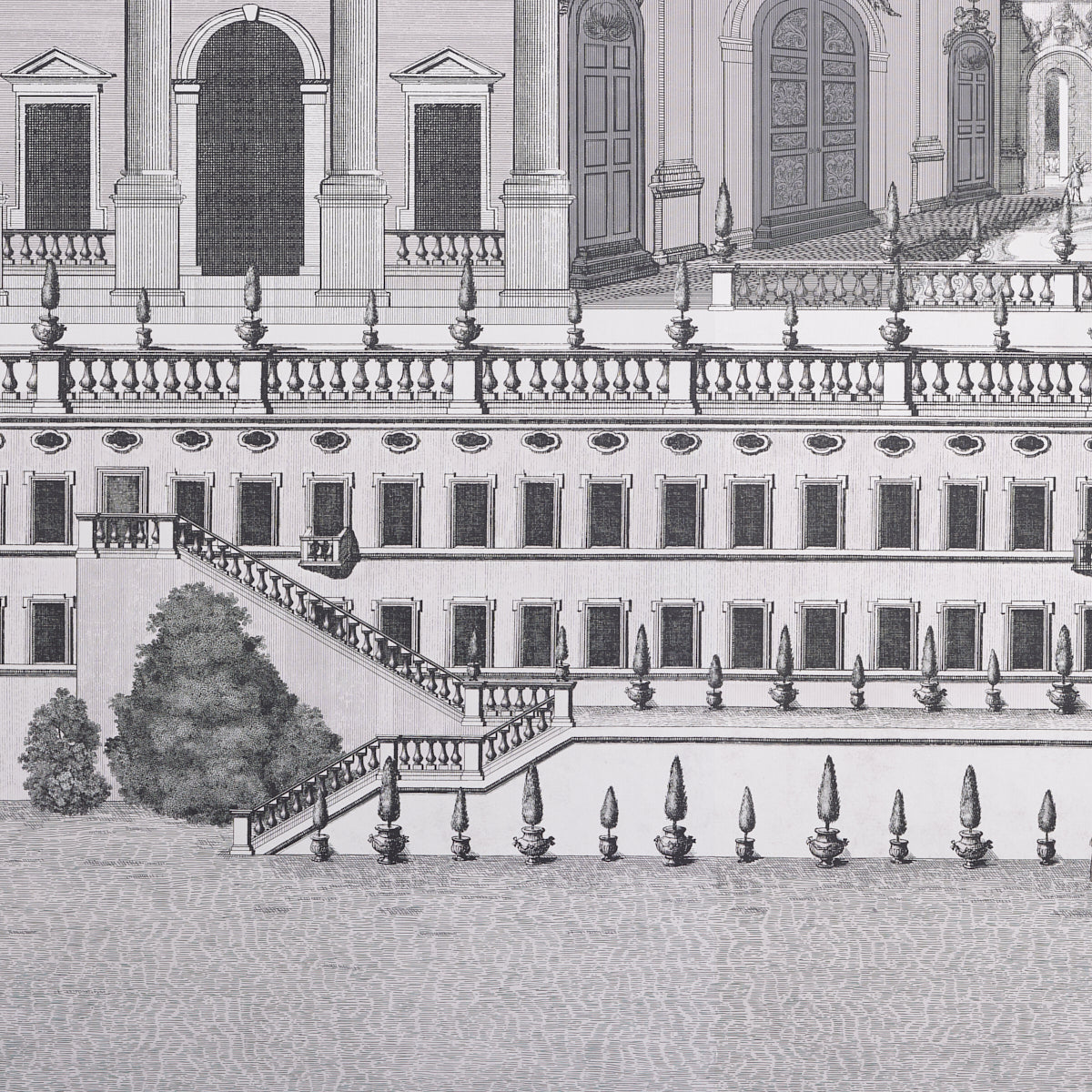 Gray illustration of a neoclassical palace with arched windows, ornate balustrades, and grand staircases.