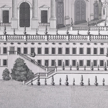 Gray illustration of a neoclassical palace with arched windows, ornate balustrades, and grand staircases.