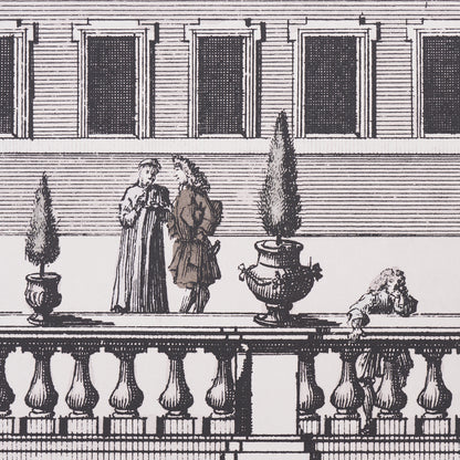 Vintage engraving of two women in period dresses on a terrace with potted trees & a balustrade, a small dog nearby.