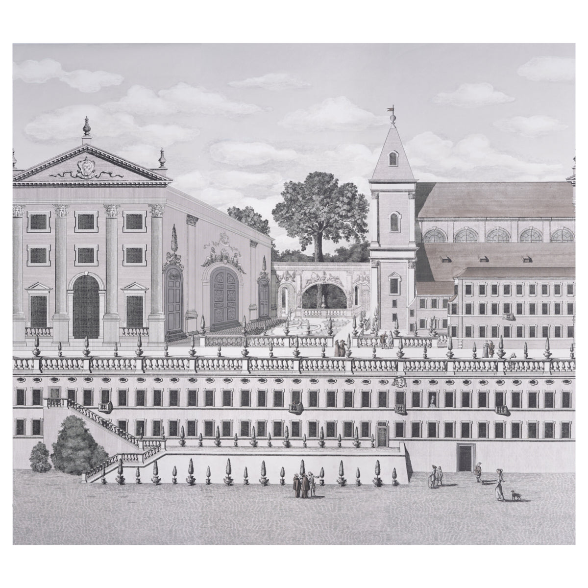 Black-and-white Grisaille panel-set illustration of Piazza Firenze in Florence, showing a church tower, expansive terraces, stairs, and tiny figures.