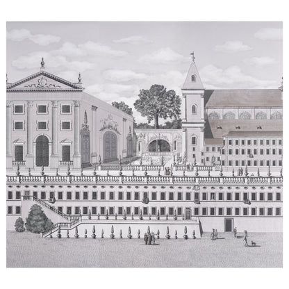 Black-and-white Grisaille panel-set illustration of Piazza Firenze in Florence, showing a church tower, expansive terraces, stairs, and tiny figures.