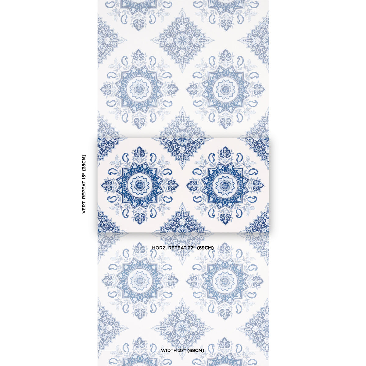Blue mandala wallpaper with ornate circular medallions on white, repeating decorative pattern for walls.