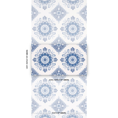 Blue mandala wallpaper with ornate circular medallions on white, repeating decorative pattern for walls.