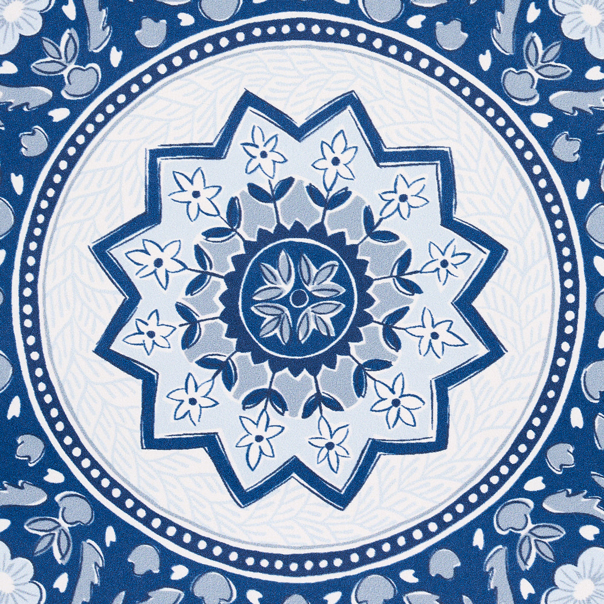 Blue and white ceramic plate with intricate floral mandala pattern; decorative dining plate.