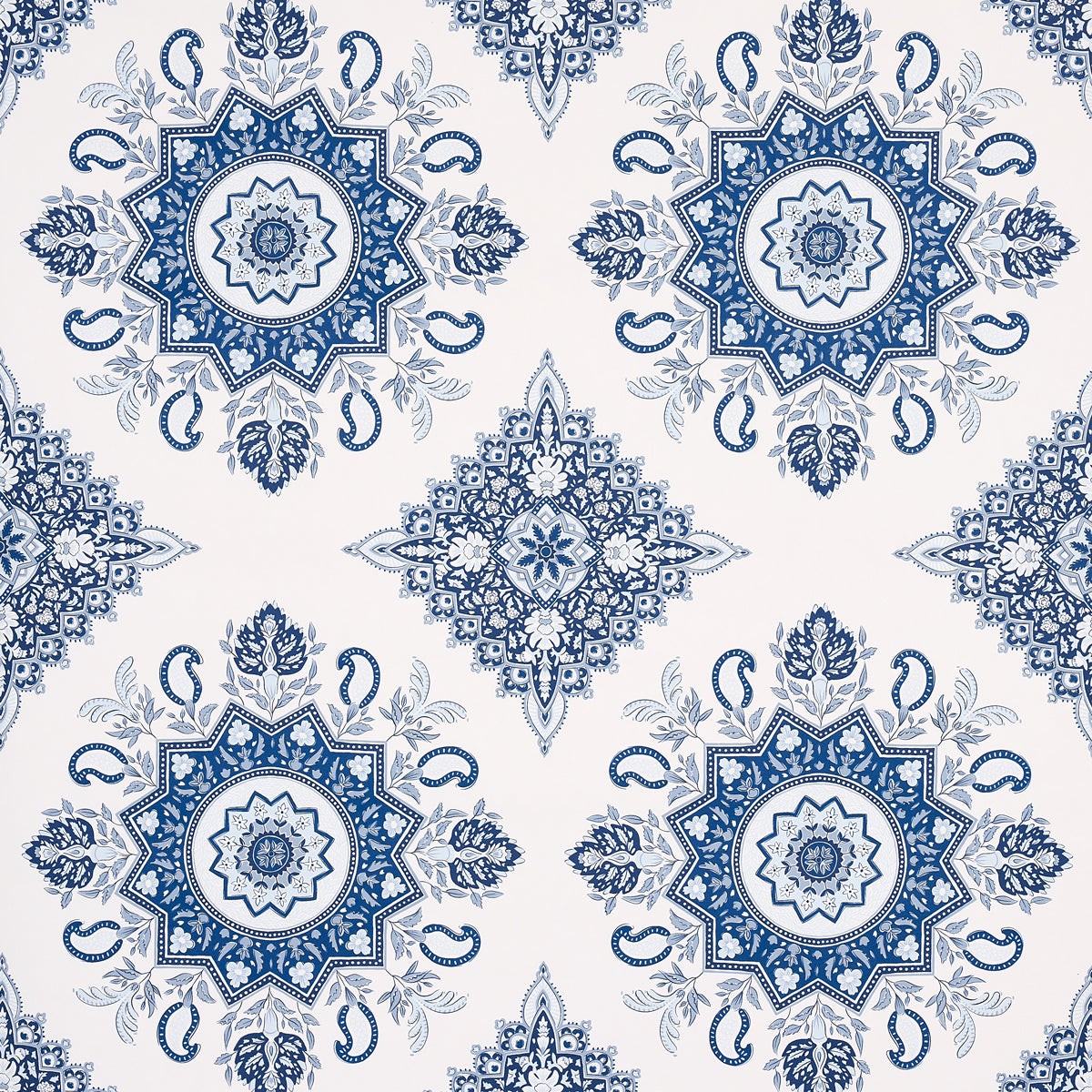 Repeating blue and white mandala pattern with intricate floral and geometric motifs, decorative textile design.