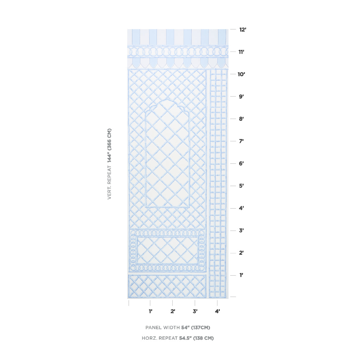 Tall light-blue blueprint-style panel with lattice, arched window motif and geometric borders for wall decor.