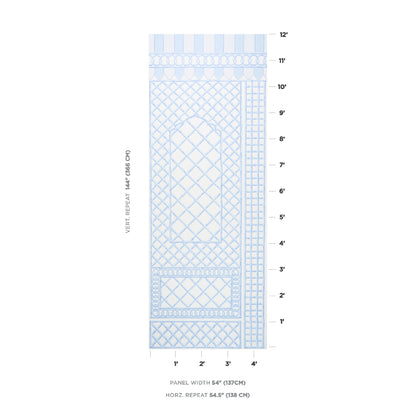 Tall light-blue blueprint-style panel with lattice, arched window motif and geometric borders for wall decor.