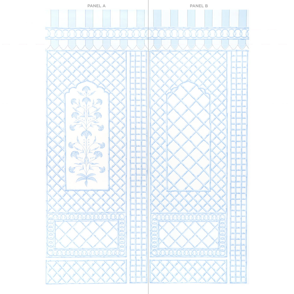 Pale blue blueprint of two decorative cabinet panels Panel A and Panel B with lattice grids, arched inserts and floral motif.