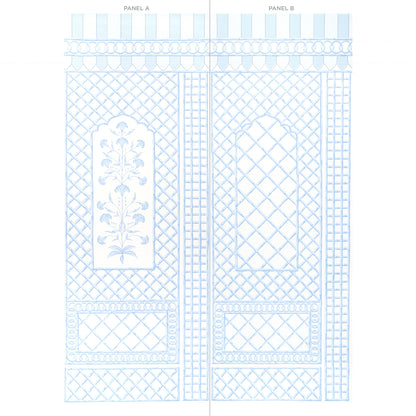 Pale blue blueprint of two decorative cabinet panels Panel A and Panel B with lattice grids, arched inserts and floral motif.