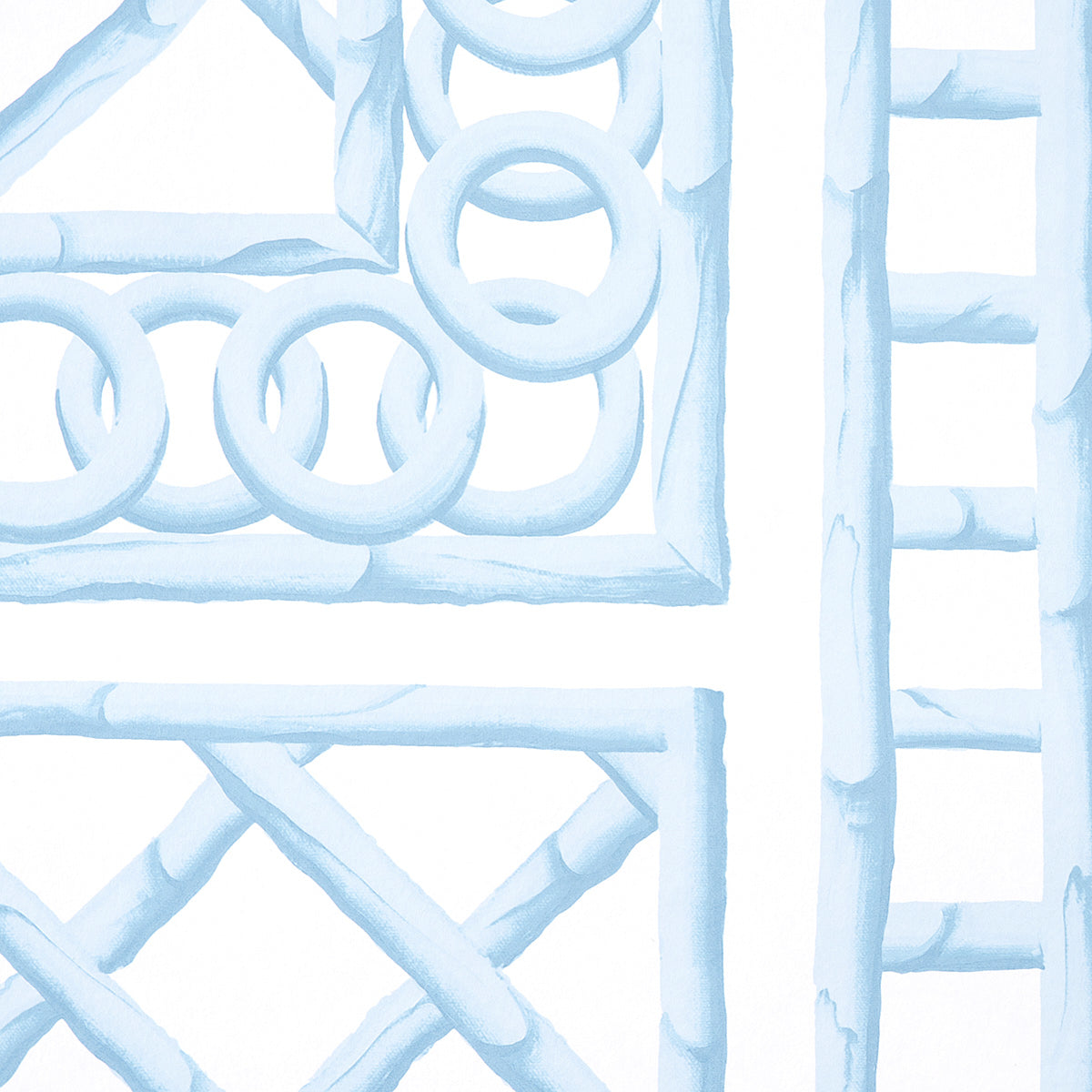 Blue watercolor illustration of a decorative metal garden trellis with circular rings and lattice panels.