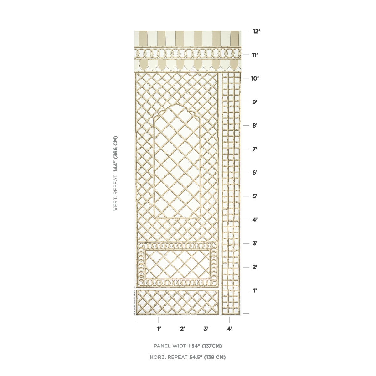 Tall bamboo trellis panel in a neutral finish, arch window-style with a diamond lattice grid and ornate borders.
