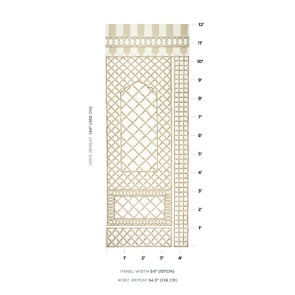 Tall bamboo trellis panel in a neutral finish, arch window-style with a diamond lattice grid and ornate borders.