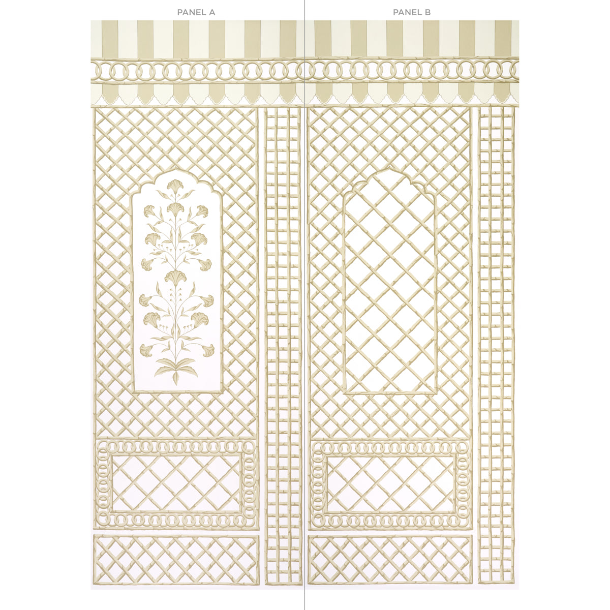 Beige-gold bamboo trellis panel with lattice design & arched window motifs; features a floral inset.