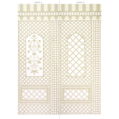 Beige-gold bamboo trellis panel with lattice design & arched window motifs; features a floral inset.
