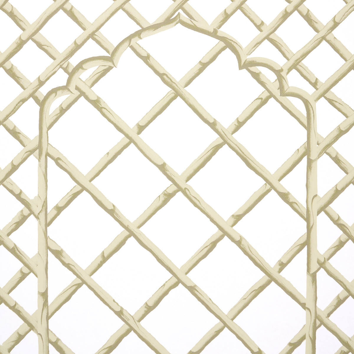 Cream-beige decorative lattice panel with diamond mesh and curved border; garden trellis or room divider.