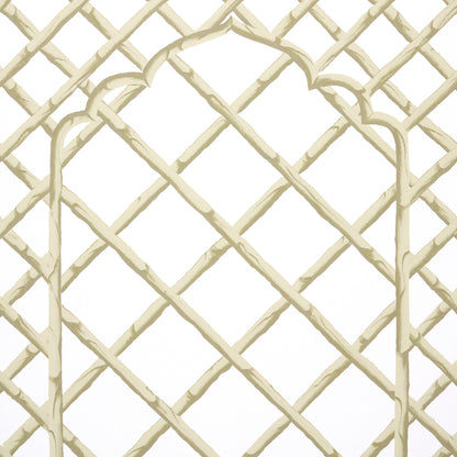 Cream-beige decorative lattice panel with diamond mesh and curved border; garden trellis or room divider.