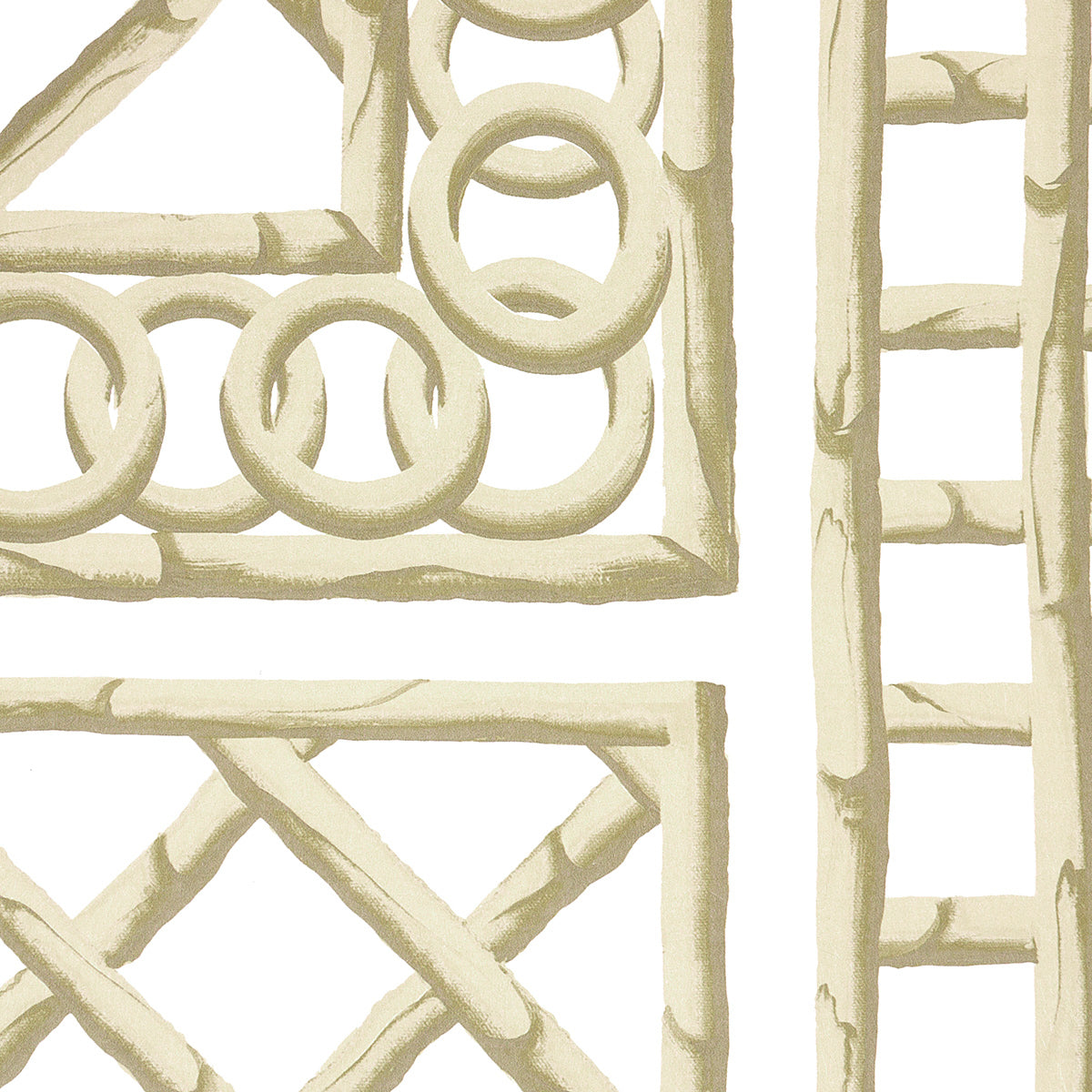 Cream bamboo trellis panel with lattice design and circular ring motifs inside rectangular frames and a ladder-like border.