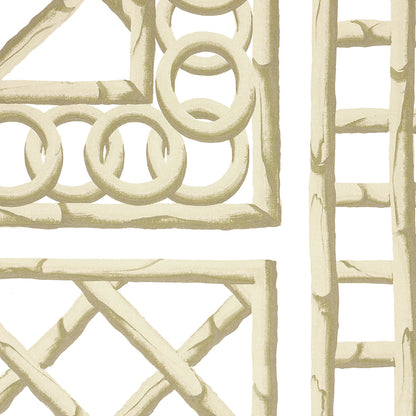 Cream bamboo trellis panel with lattice design and circular ring motifs inside rectangular frames and a ladder-like border.