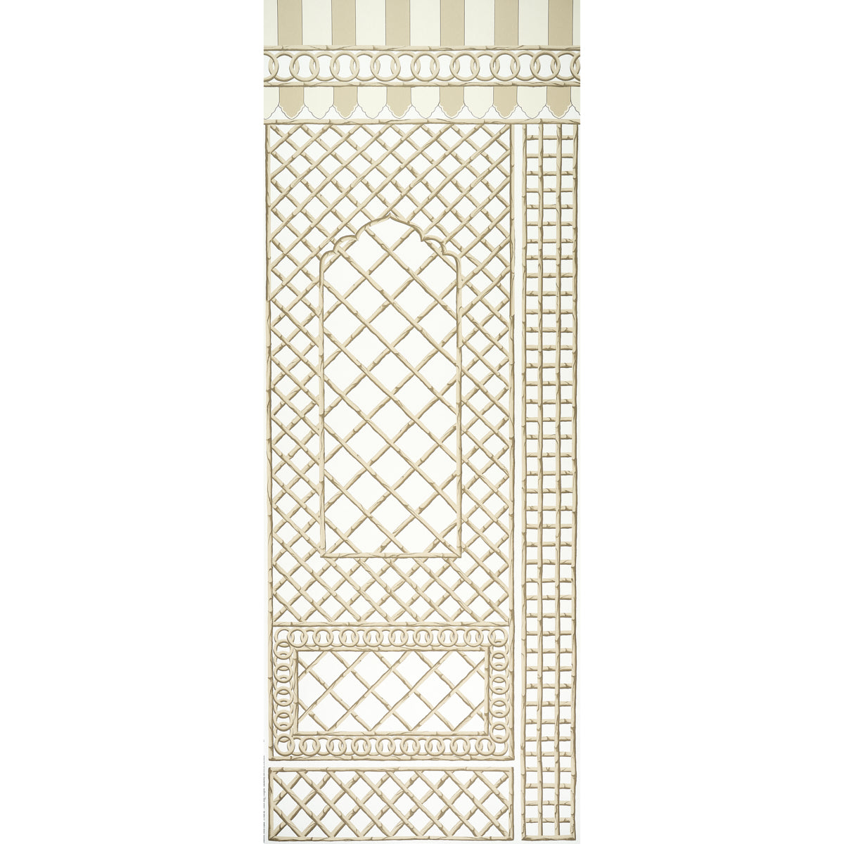 Cream panel with bamboo trellis design, gold lattice pattern, and decorative border bands.
