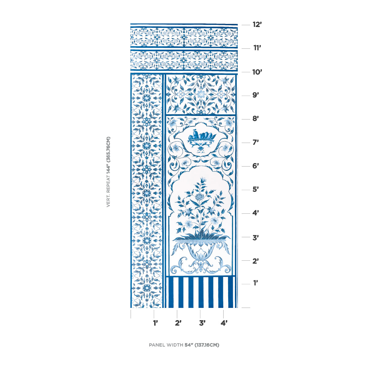 Blue-and-white Delft-style ceramic tile panel with floral borders and a vase centerpiece; 54" wide wall panel.