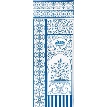 Tall blue-and-white ceramic tile panel with floral lattice, ornate vases, and striped bottom border.