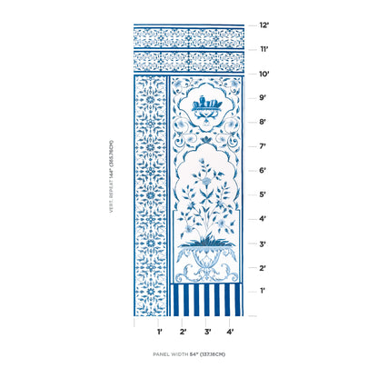 Blue-and-white ceramic tile panel with a central floral vase motif and ornate borders.