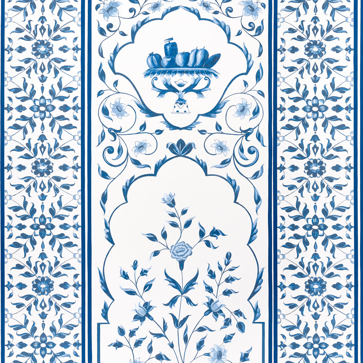 Blue and white tile panel design with a central floral bouquet and ornate border florals.