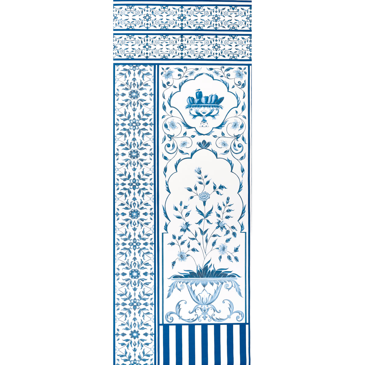 Blue and white tile panel with a central floral motif, ornate borders, and striped bottom.