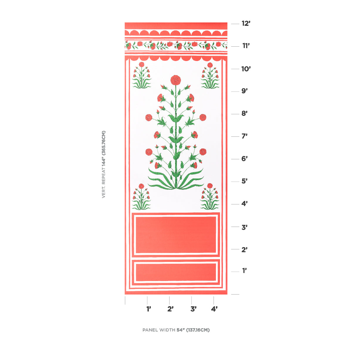 Tall vertical decorative wall panel with a green-stemmed floral motif in red blossoms, bordered in red with bottom inset panels
