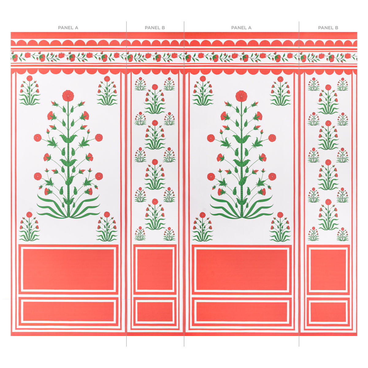 Repeating floral wallpaper panel with red borders, green stems and pink blossoms.