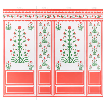 Repeating floral wallpaper panel with red borders, green stems and pink blossoms.