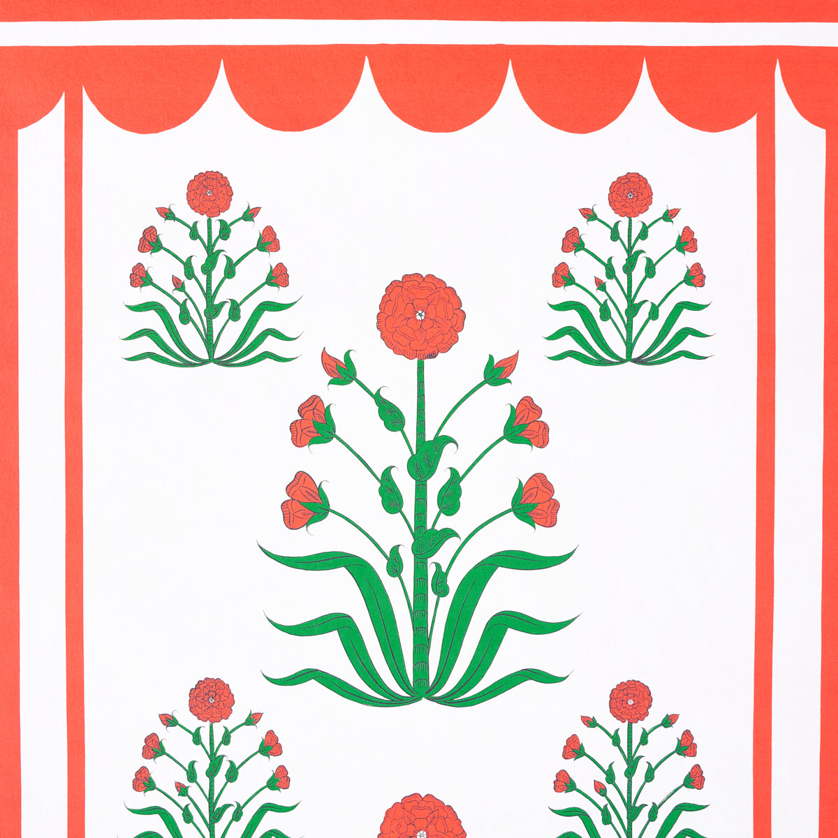 Red and green folk floral motif with a tall central stem and side clusters, framed by a red border on a white panel.