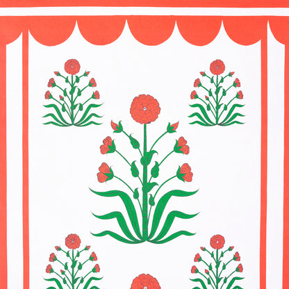 Red and green folk floral motif with a tall central stem and side clusters, framed by a red border on a white panel.