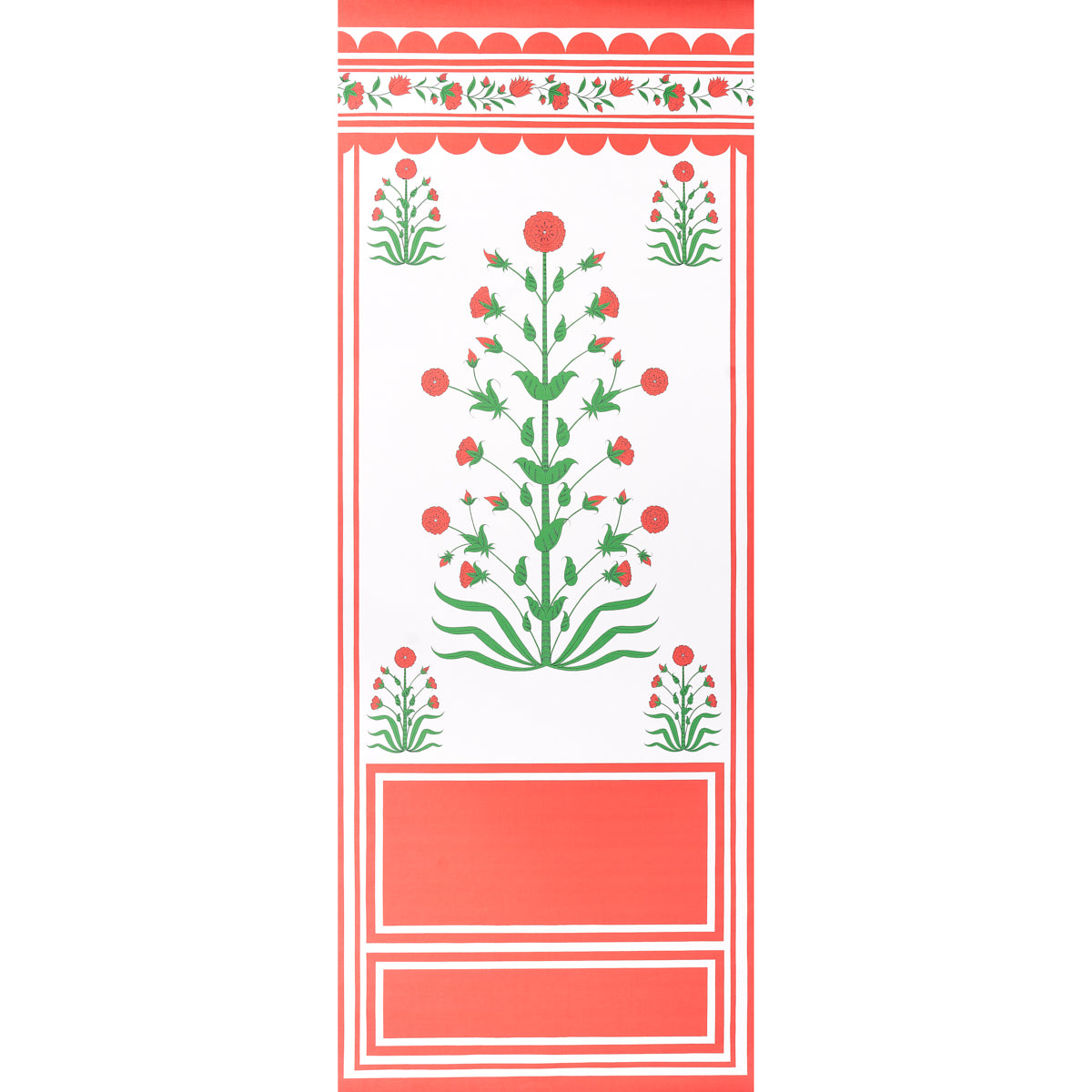 Vertical decorative panel with red floral folk-art design on white, green stems and scalloped red top border.