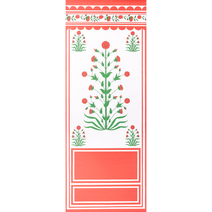 Vertical decorative panel with red floral folk-art design on white, green stems and scalloped red top border.
