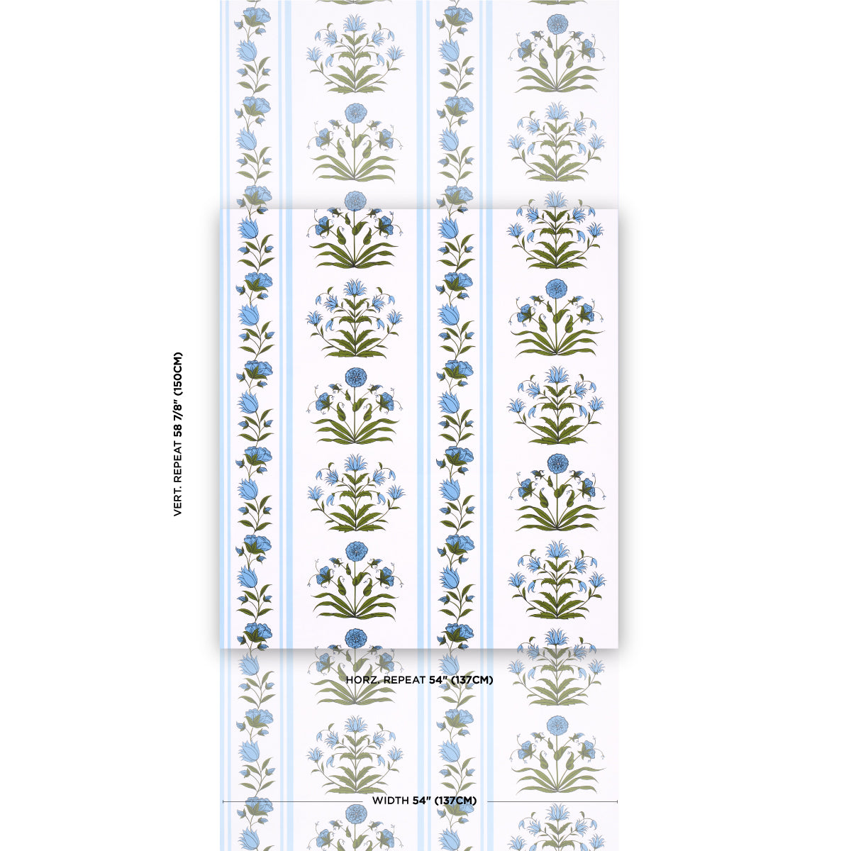 Blue floral stripe wallpaper with pale blue blossoms and green stems on white, vertical repeating panels