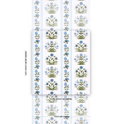 Blue floral stripe wallpaper with pale blue blossoms and green stems on white, vertical repeating panels