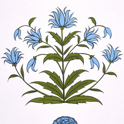 Blue botanical illustration with a tall central stem, multiple blue flowers and green serrated leaves in vintage style.
