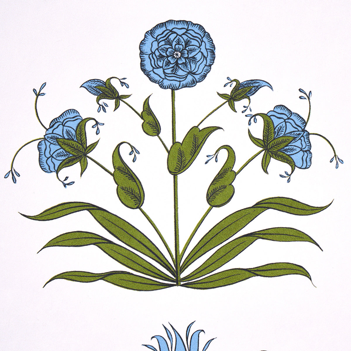 Blue floral motif featuring a central tall poppy bloom, curling stems and elongated green leaves.