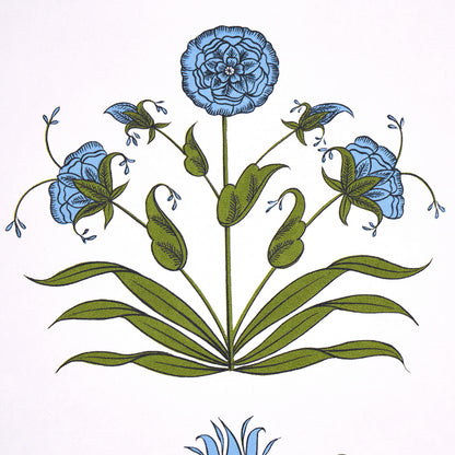 Blue floral motif featuring a central tall poppy bloom, curling stems and elongated green leaves.