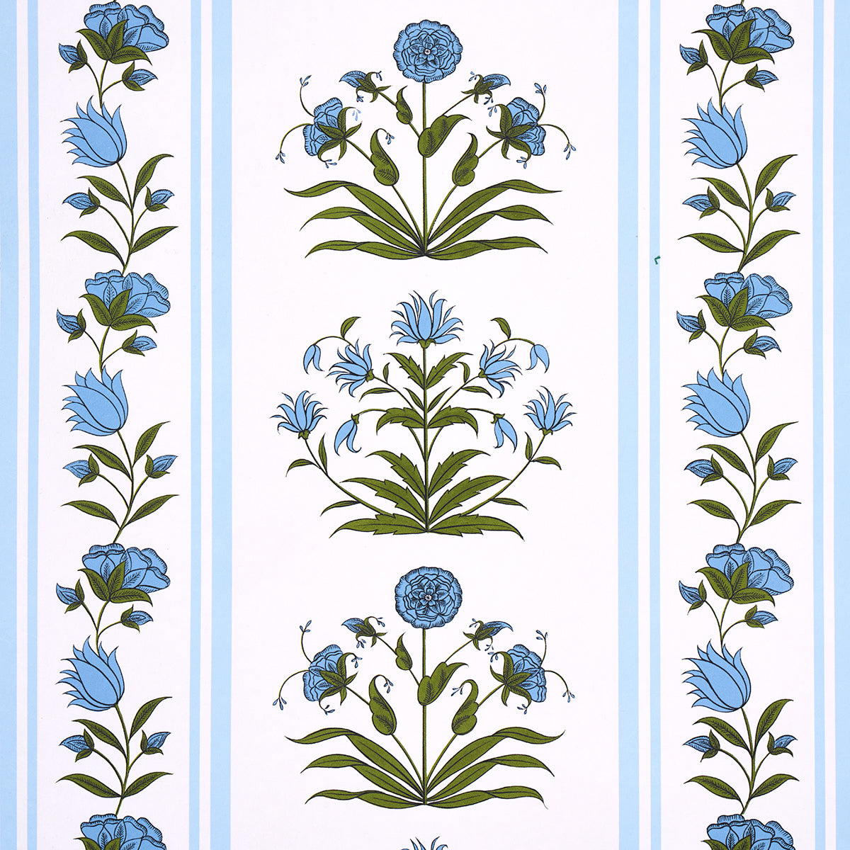 Blue Delft-style floral wallpaper with white background, vertical borders & central blue bouquet motifs.
