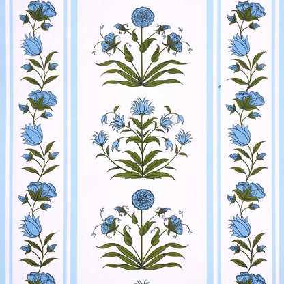 Blue Delft-style floral wallpaper with white background, vertical borders & central blue bouquet motifs.
