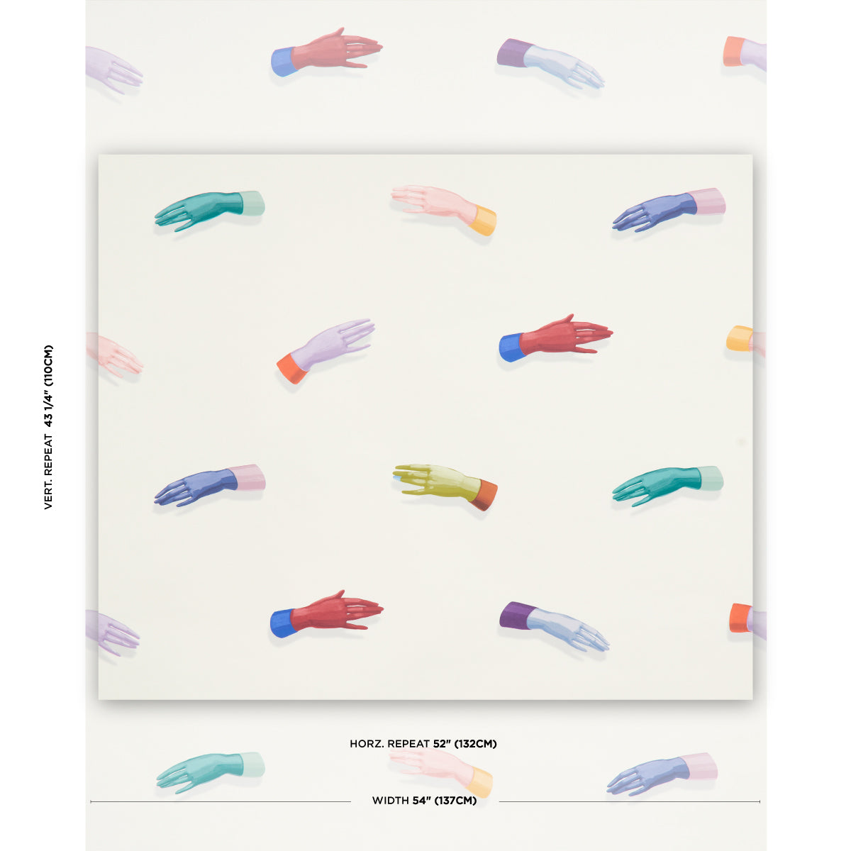 Framed poster with a repeating pattern of colorful hands in teal, pink, purple, red & yellow on an ivory background.