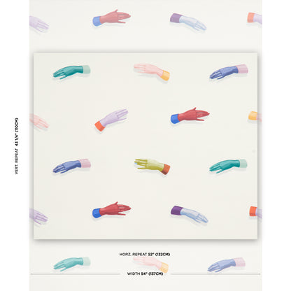 Framed poster with a repeating pattern of colorful hands in teal, pink, purple, red & yellow on an ivory background.