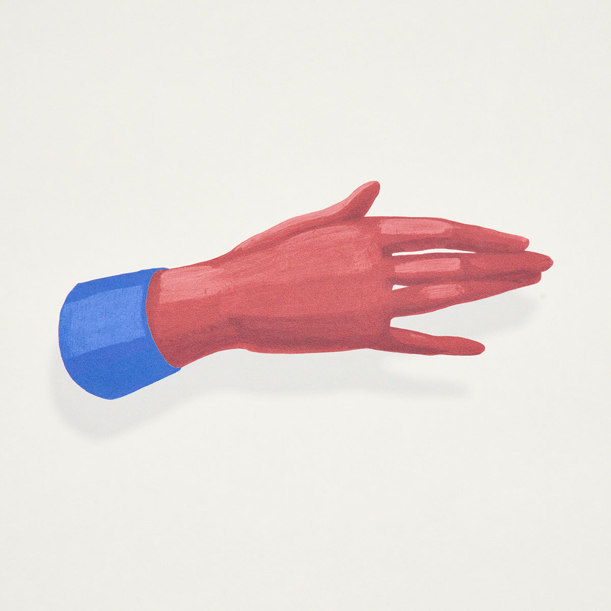 Stylized red hand with blue cuff, flat painted graphic.