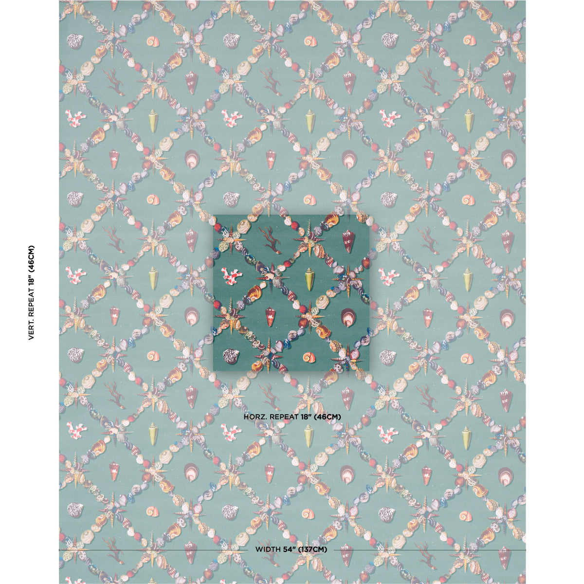 Pastel teal wallpaper with a delicate lattice pattern of ice cream cones, donuts and candy in pink, cream and mint.