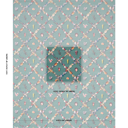 Pastel teal wallpaper with a delicate lattice pattern of ice cream cones, donuts and candy in pink, cream and mint.