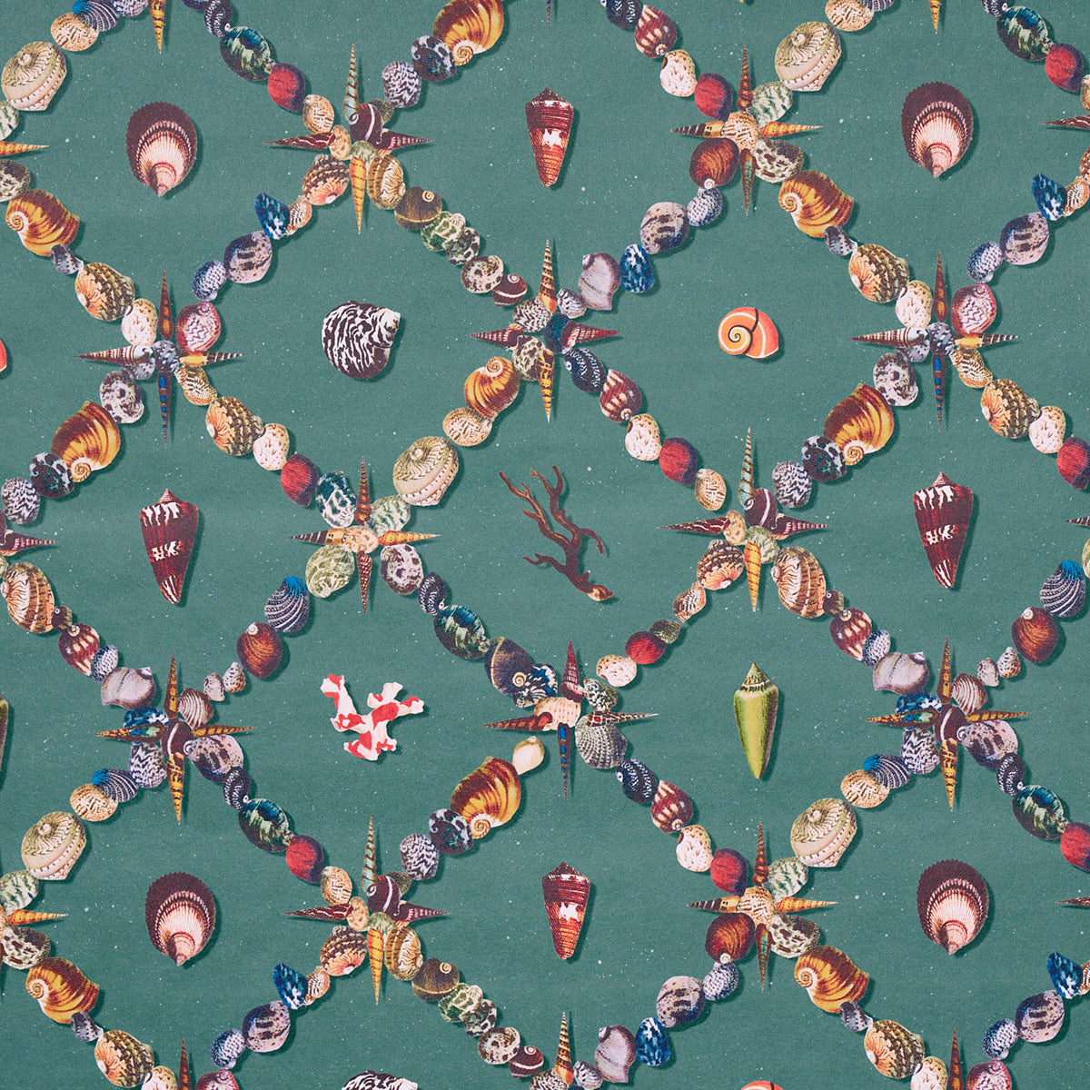 Teal fabric with repeating garlands of assorted seashells and conches for a coastal nautical print.