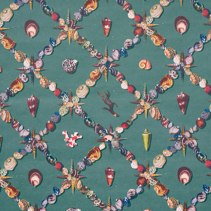 Teal fabric with repeating garlands of assorted seashells and conches for a coastal nautical print.